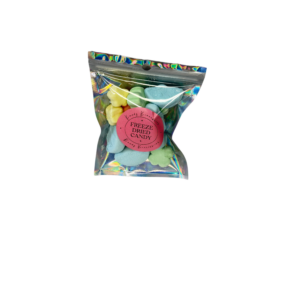 Multicolored free-dried marshmallows in a silver backed clear front mylar bag.