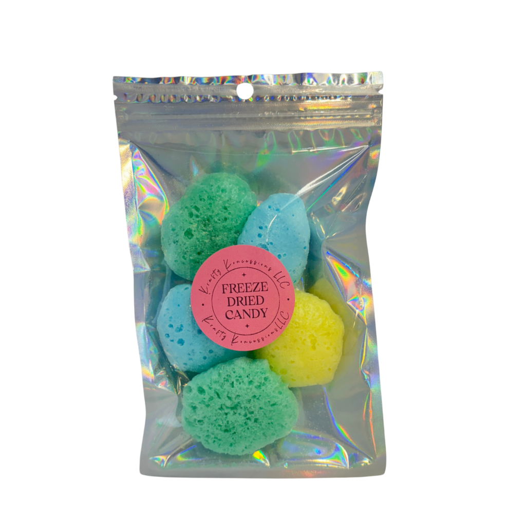Freeze-dried ditzies, formerly a chewy, fruity taffy-like candy packaged in a mylar bag.