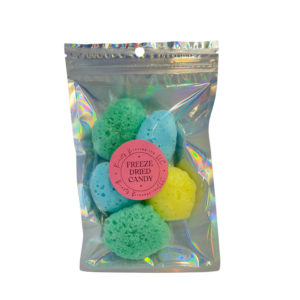 Freeze-dried ditzies, formerly a chewy, fruity taffy-like candy packaged in a mylar bag.