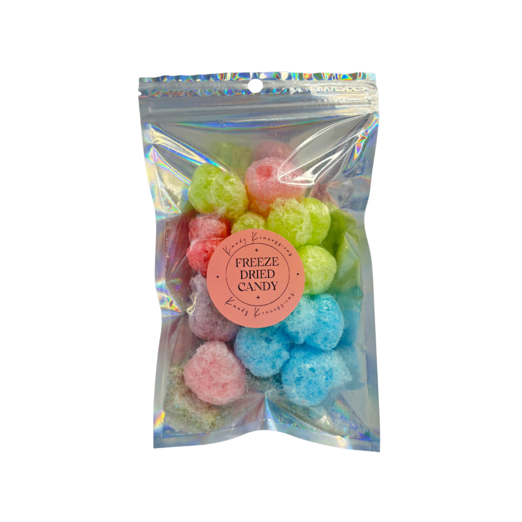 Freeze-dried Happy Farmers hard candies in colorful fruit flavors packaged in a mylar bag.