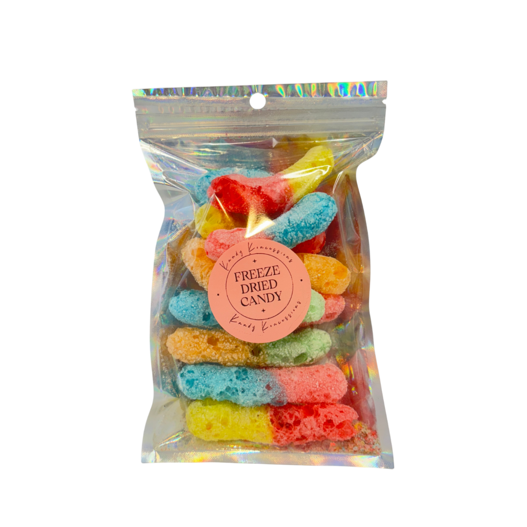 Freeze-dried sour gummy worms in a mylar bag a.k.a. sour creepy crawlers.
