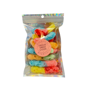 Freeze-dried sour gummy worms in a mylar bag a.k.a. sour creepy crawlers.