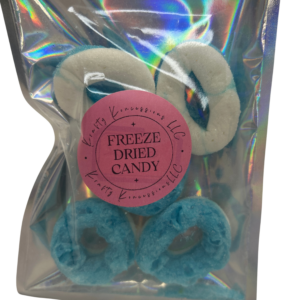 Blue raspberry rings with white freeze-dried in a silver mylar bag.