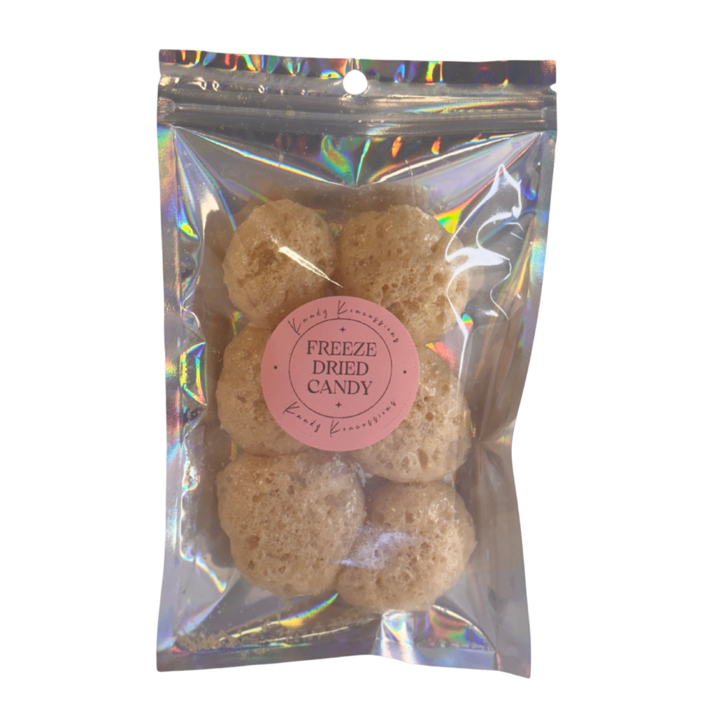Tan, creamy colored freeze-dried candy in a silver mylar bag.
