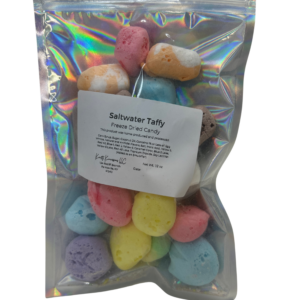 Assorted colors for assorted flavors of freeze-dried saltwater taffy in a silver mylar bag.